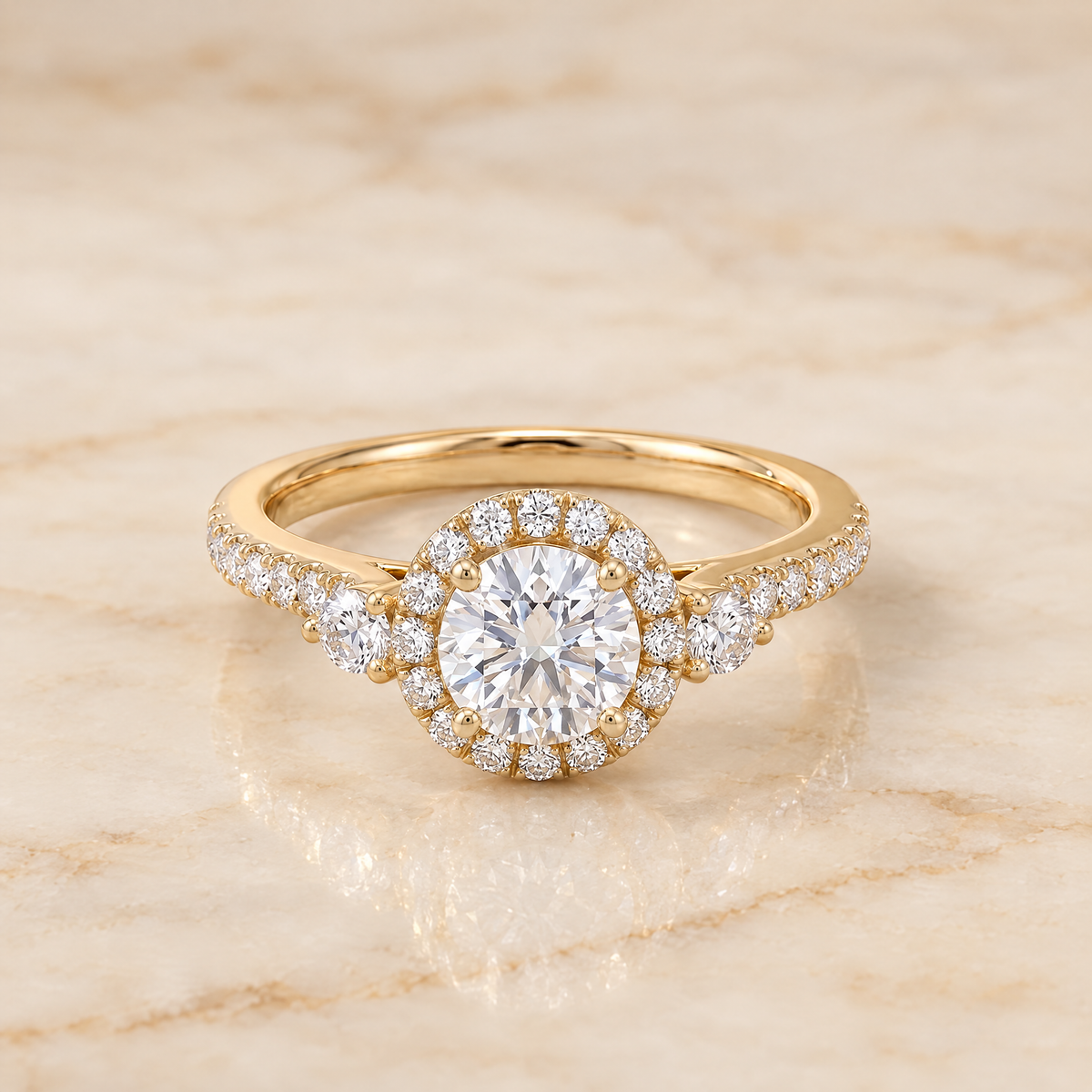 The Ivy Three Stone Delicate Halo Round Engagement Ring Setting in 18K Yellow Gold