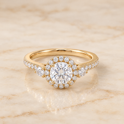 The Ivy Three Stone Delicate Halo Round Engagement Ring Setting in 18K Yellow Gold