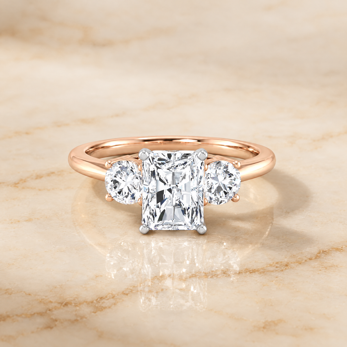 The Anita Classic Three Stone Radiant Cut Engagement Ring Setting in 14K Rose Gold