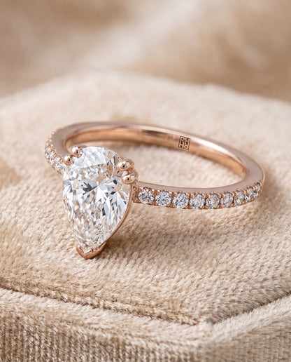Pear engagement ring setting in 14K Rose Gold, Kelly Double Claw Prong French Pavé Pear, alternate view | RockHer