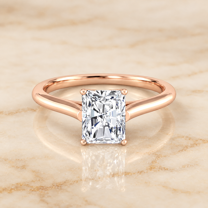 Radiant engagement ring setting in 14K Rose Gold, Ellie Cathedral Comfort Fit Solitaire Radiant Cut | RockHer