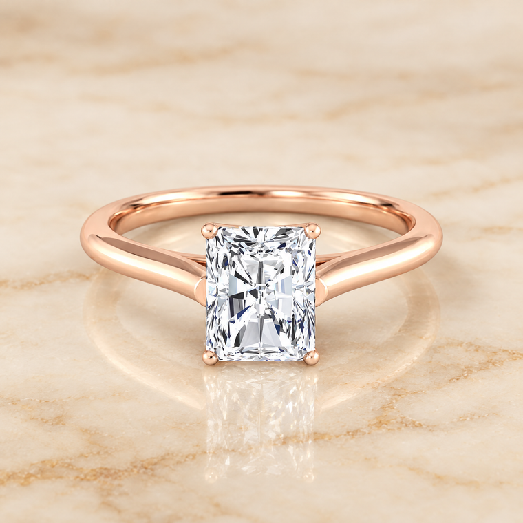 The Ellie Cathedral Comfort Fit Solitaire Radiant Cut Engagement Ring Setting in 14K Rose Gold