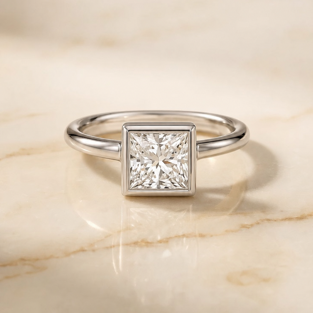 The Agnes Bezel Solitaire In Princess Cut Engagement Ring Setting in Platinum