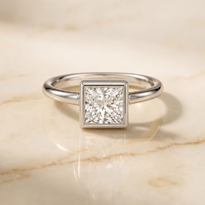 The Agnes Bezel Solitaire In Princess Cut Engagement Ring Setting in Platinum