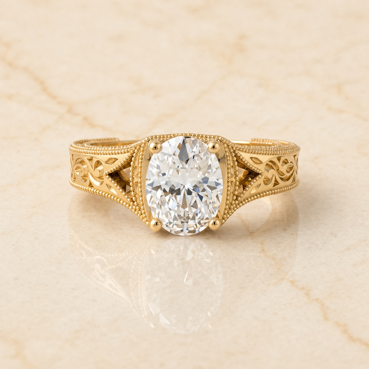 The Janis Hand Engraved Milgrain Vintage Solitaire Oval Engagement Ring Setting in 18K Yellow Gold