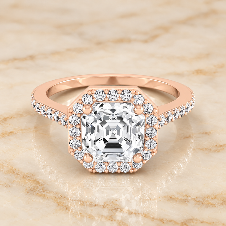 The Taylor Pavé Halo Asscher Cut Engagement Ring Setting in 14K Rose Gold