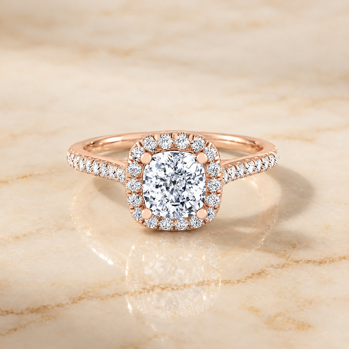 The Bianca Classic Prong Halo Cushion Cut Engagement Ring Setting in 14K Rose Gold