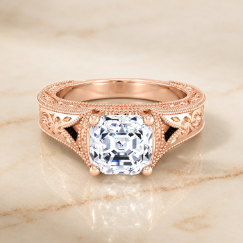 The Janis Hand Engraved Milgrain Vintage Solitaire Asscher Cut Engagement Ring Setting in 14K Rose Gold