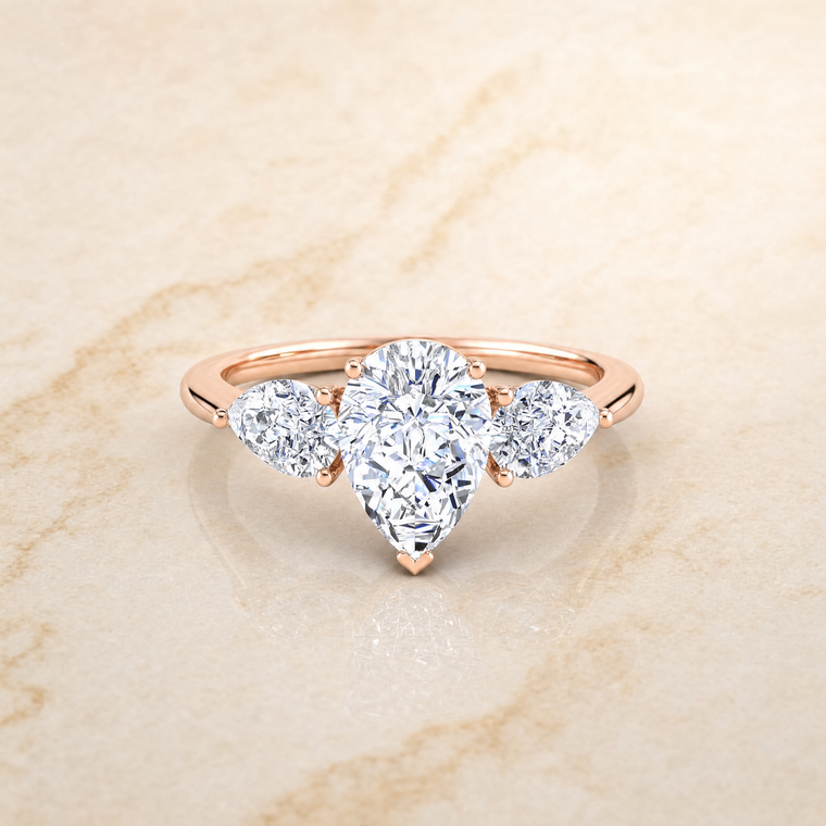 The Angelica Three Stone Matched Pear Engagement Ring Setting in 14K Rose Gold