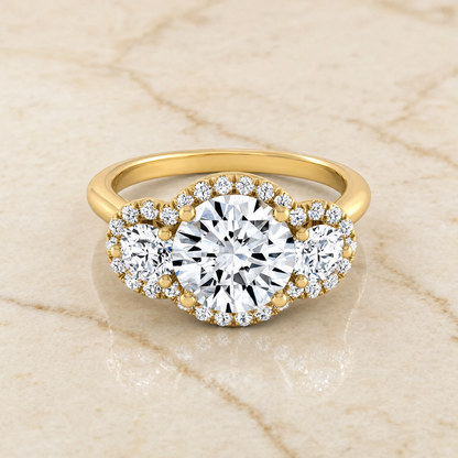 The Anna Three Stone Halo Round Engagement Ring Setting in 18K Yellow Gold