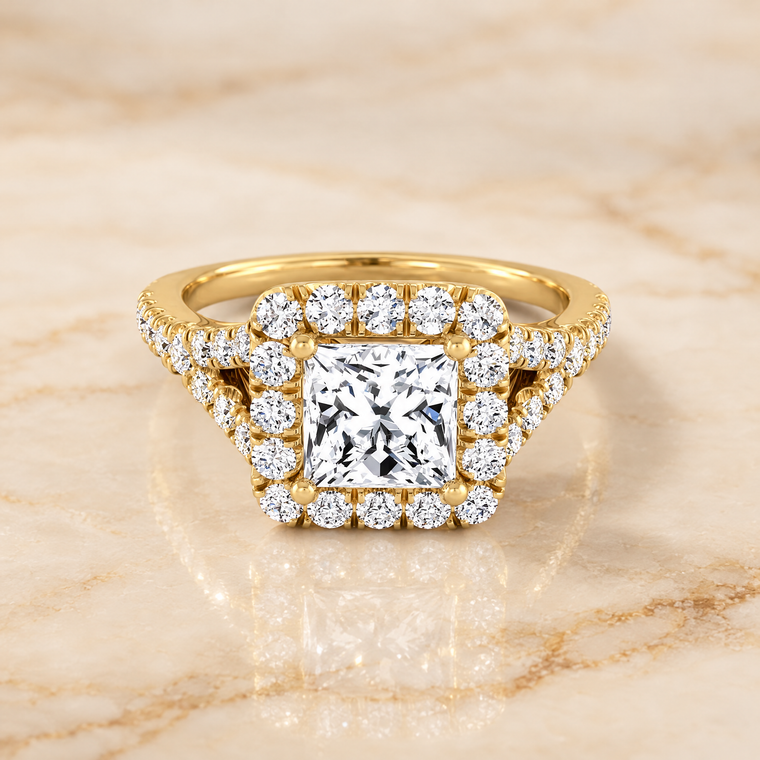 The Billie Prong Halo Split Shank Princess Cut Engagement Ring Setting in 18K Yellow Gold