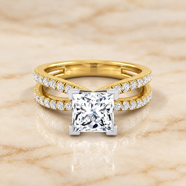 The Carole Two Row Pavé Split Shank Princess Cut Engagement Ring Setting in 18K Yellow Gold