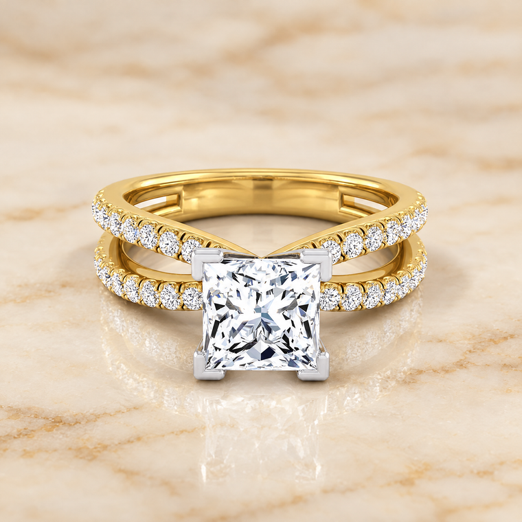 The Carole Two Row Pavé Split Shank Princess Cut Engagement Ring Setting in 18K Yellow Gold