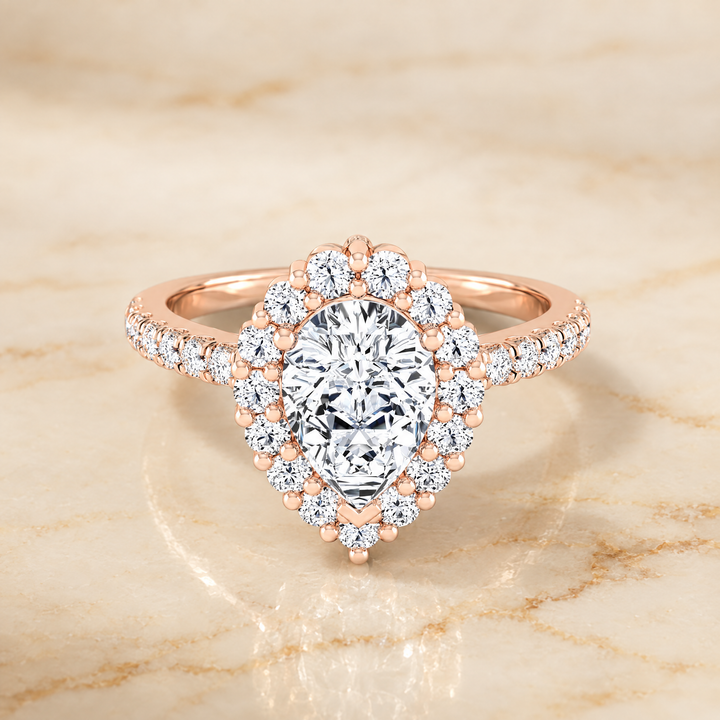 The Fiona Shared Prong Halo Pear Engagement Ring Setting in 14K Rose Gold