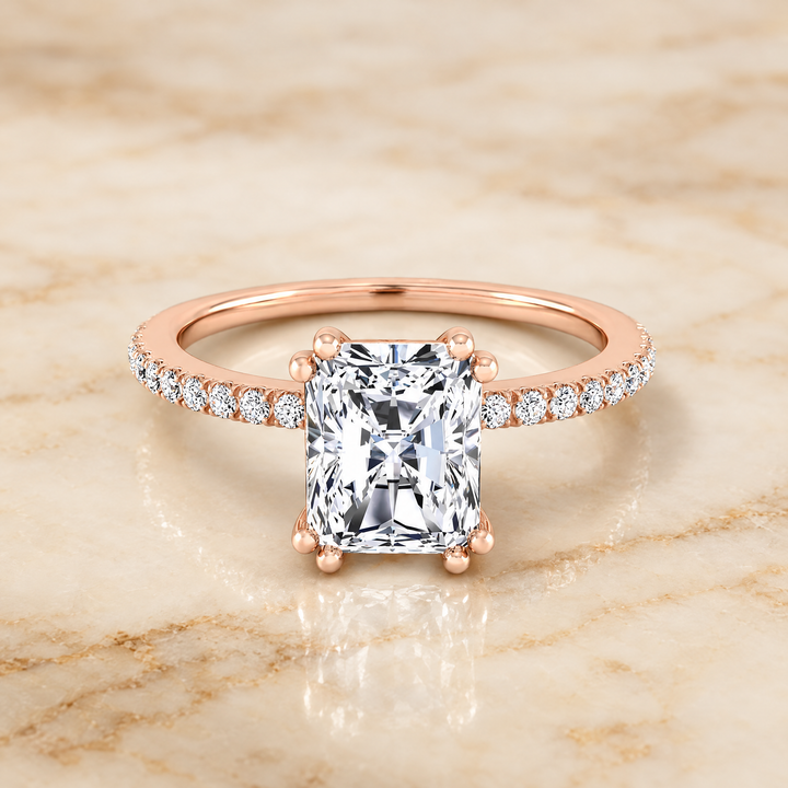 The Kelly Double Claw Prong French Pavé Radiant Cut Engagement Ring Setting in 14K Rose Gold