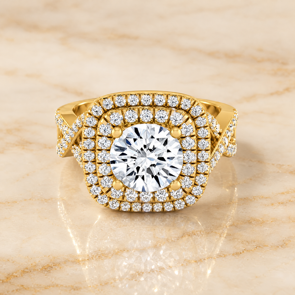 The Macy Double Halo Round Engagement Ring Setting in 18K Yellow Gold