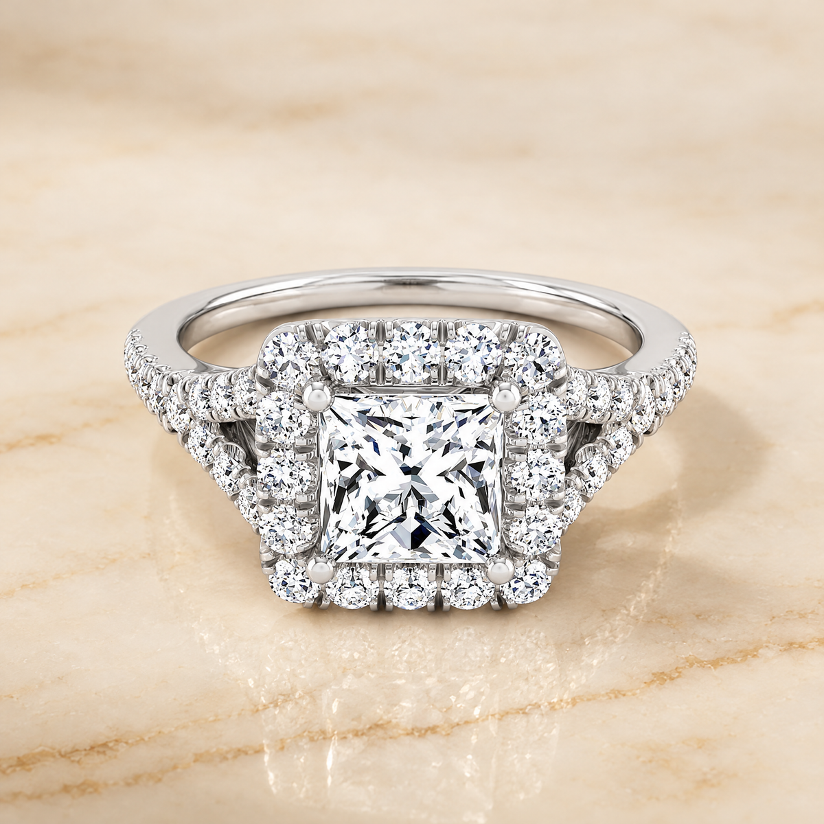 The Billie Prong Halo Split Shank Princess Cut Engagement Ring Setting in Platinum