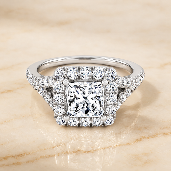 The Billie Prong Halo Split Shank Princess Cut Engagement Ring Setting in Platinum
