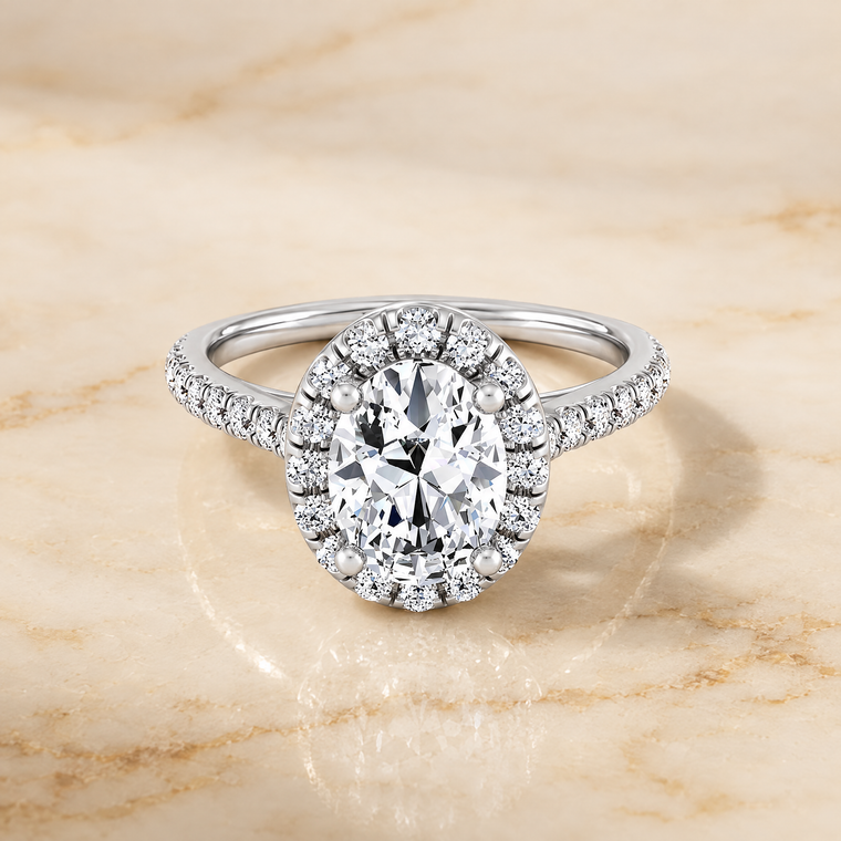 The Sade Classic French Pavé Halo Linear Oval Engagement Ring Setting in 18K White Gold