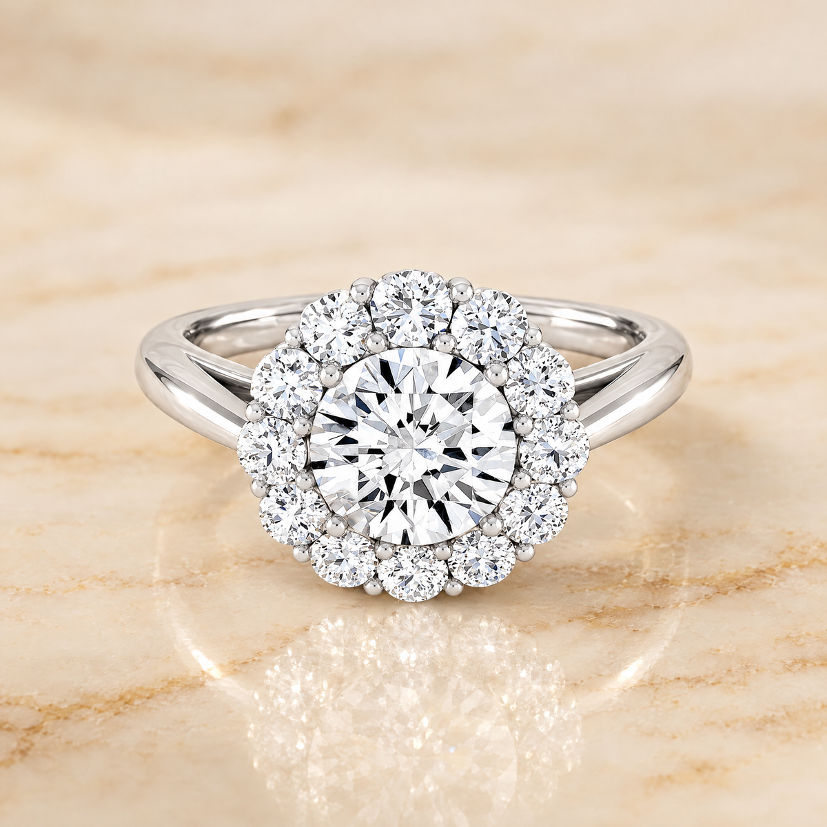 The Faith Floral Prong Halo Round Engagement Ring Setting in Platinum