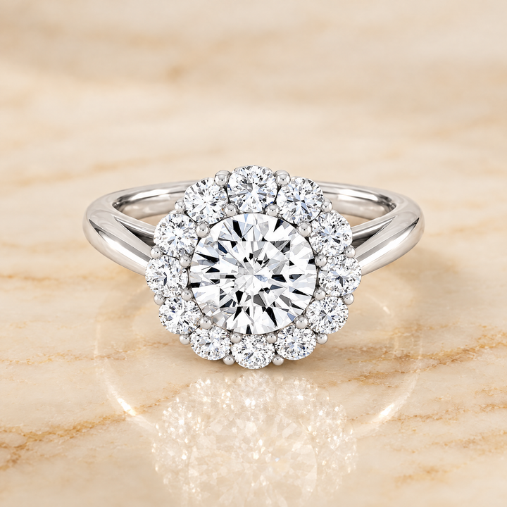 The Faith Floral Prong Halo Round Engagement Ring Setting in Platinum