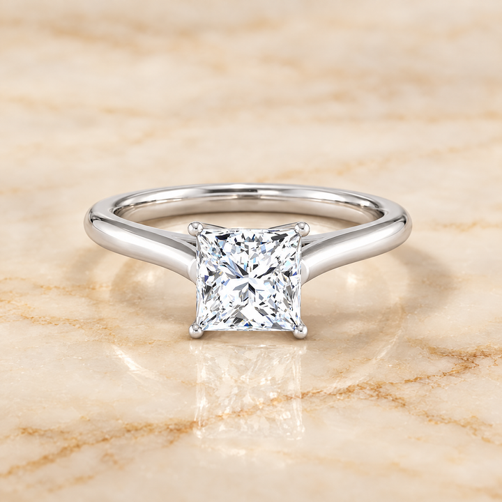 The Ellie Cathedral Comfort Fit Solitaire Princess Cut Engagement Ring Setting in Platinum