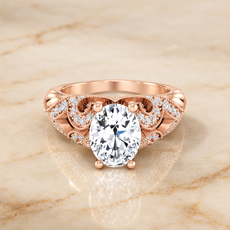 The Wren Vintage Beaded Solitaire Oval Engagement Ring Setting in 14K Rose Gold