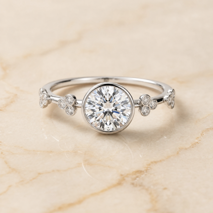 The Miley Clover Bezel Accent Solitaire Round Engagement Ring Setting in Platinum