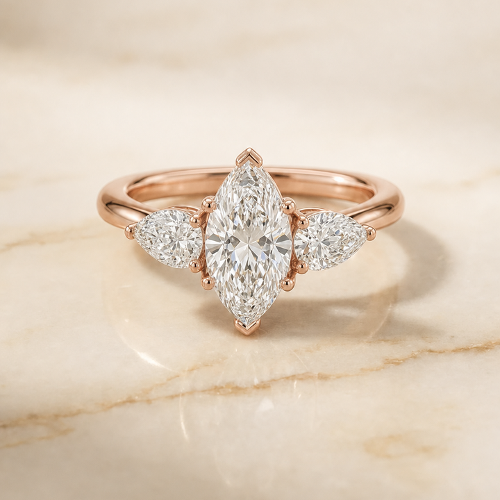 The Angelica Three Stone Matched Marquise Engagement Ring Setting in 14K Rose Gold