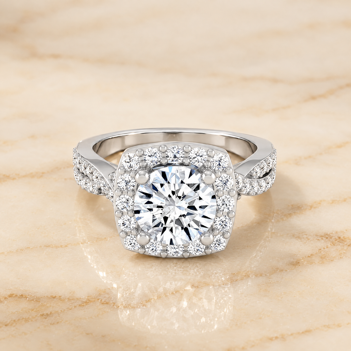 The Clementine Twisted Square Pavé Halo Round Engagement Ring Setting in 18K White Gold