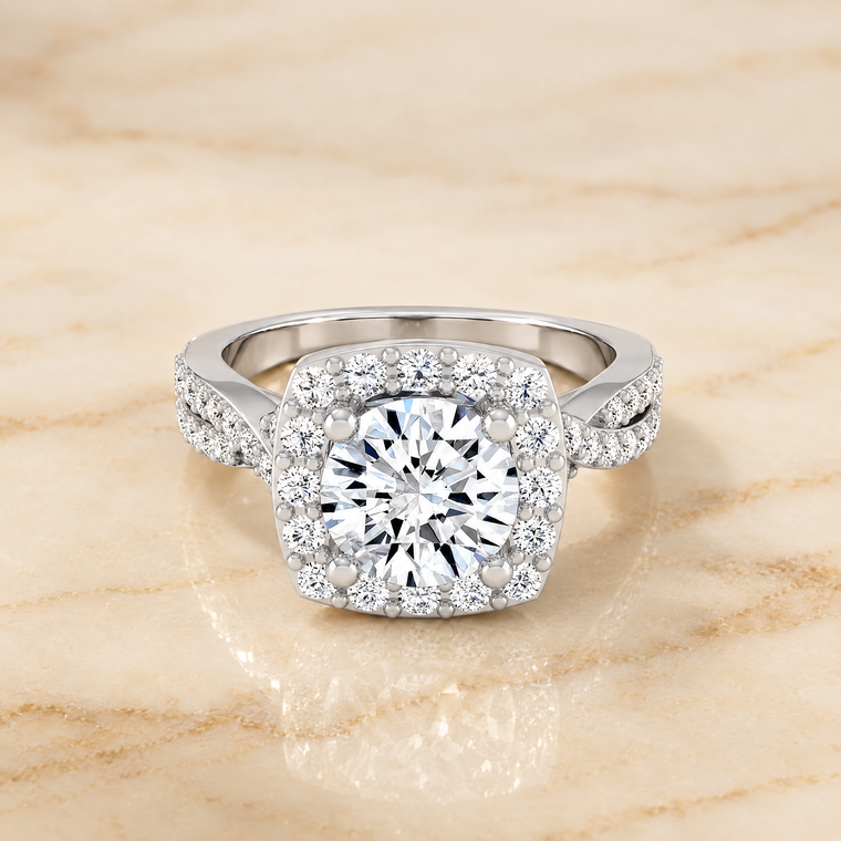 The Clementine Twisted Square Pavé Halo Round Engagement Ring Setting in 18K White Gold
