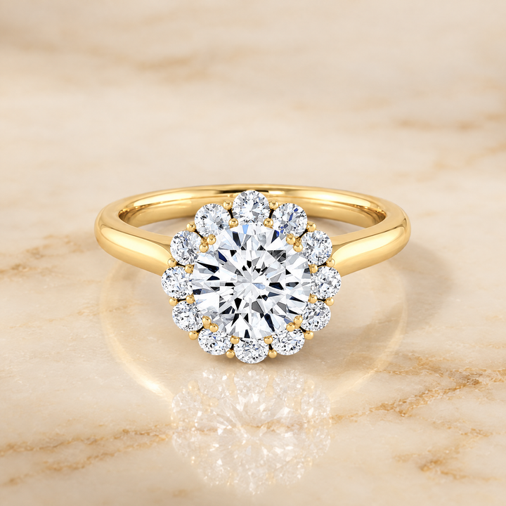 The Guthrie Floral Prong Halo Round Engagement Ring Setting in 18K Yellow Gold