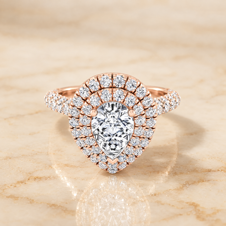The Dinah Double Halo Pear Engagement Ring Setting in 14K Rose Gold
