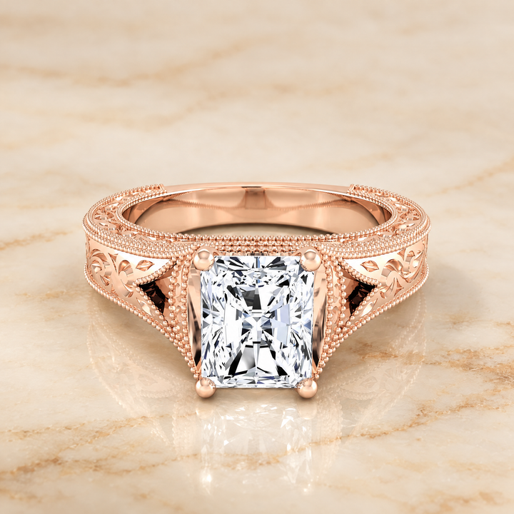 The Janis Hand Engraved Milgrain Vintage Solitaire Radiant Cut Engagement Ring Setting in 14K Rose Gold
