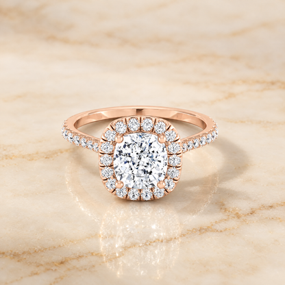The Everly Classic Shared Prong Halo Cushion Cut Engagement Ring Setting in 14K Rose Gold