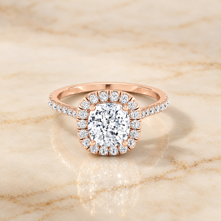 The Everly Classic Shared Prong Halo Cushion Cut Engagement Ring Setting in 14K Rose Gold