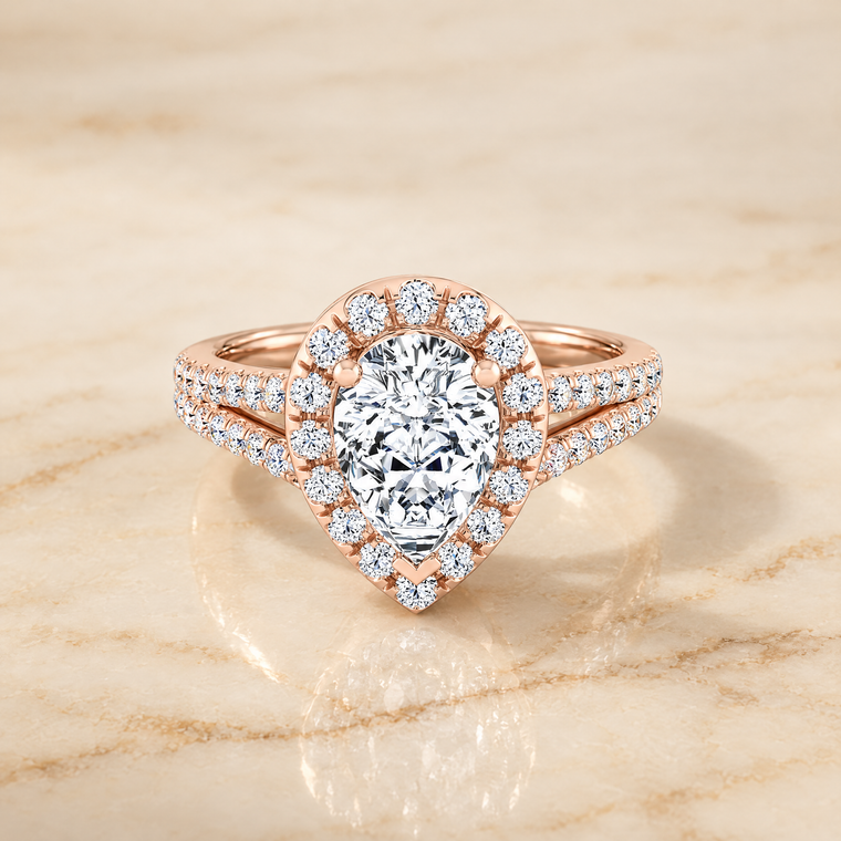 The Lira French Pavé Split Shank Halo Pear Engagement Ring Setting in 14K Rose Gold