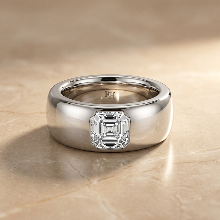 The Remi Bezel Set Cigar Band Asscher Cut Engagement Ring Setting in Platinum