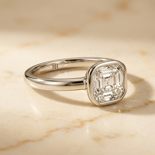 The Agnes bezel solitaire asscher engagement ring setting in platinum — alt-angle hero — RockHer