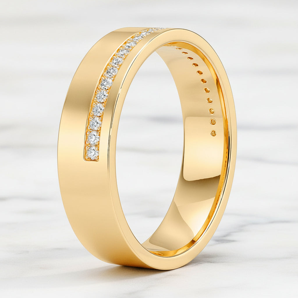 Custom men's 5.5mm half pave diamond wedding band in 18K yellow gold, side view
