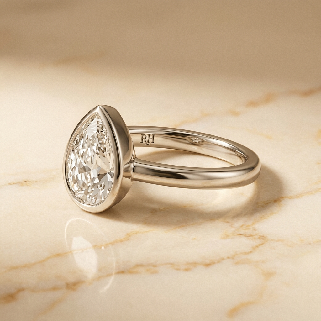 The Agnes Select bezel solitaire briolette engagement ring in platinum — alt-angle hero — RockHer