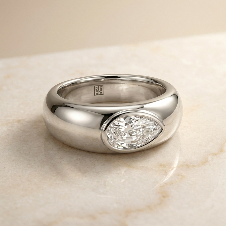 The Remi Bezel Set Cigar Band Briolette Engagement Ring Setting in Platinum