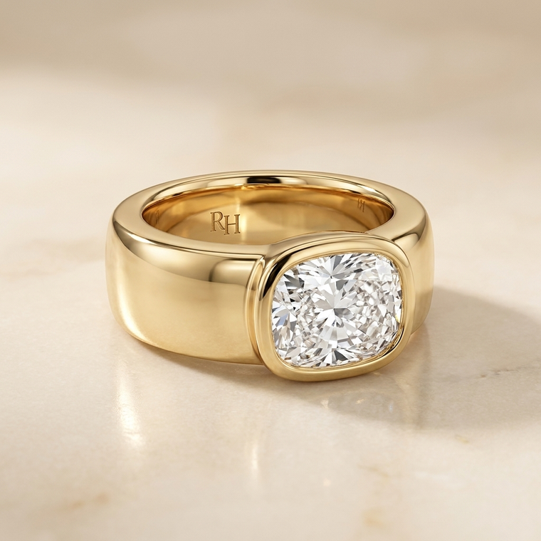 The Remi Bezel Set Cigar Band Cushion Cut Engagement Ring Setting in 18K Yellow Gold