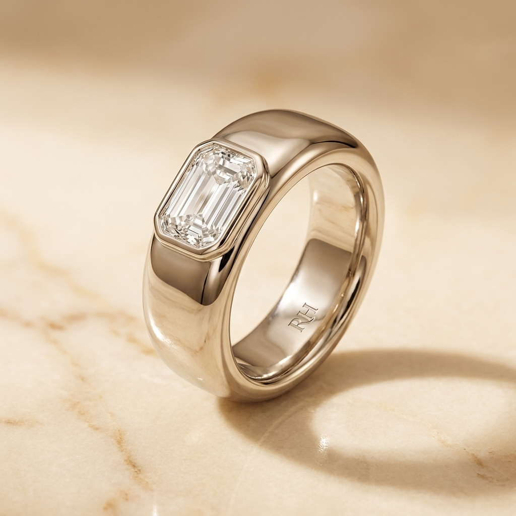 Select Bezel Set Cigar Band Ec Cut styling on The Remi emerald engagement ring setting | RockHer