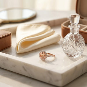 Morganite & Diamond Round Halo Ring with Pave Shank in 18K Rose Gold - lifestyle