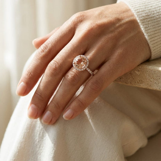 Morganite & Diamond Round Halo Ring with Pave Shank in 18K Rose Gold - editorial