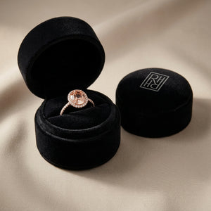 Morganite & Diamond Round Halo Ring with Pave Shank in 18K Rose Gold - presentation