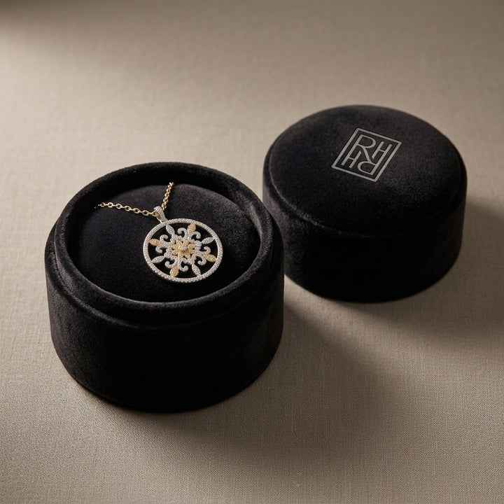 Fleur Di Lis Diamond Circle Pendant in 14K Two-Tone Gold - presentation