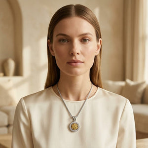 Yellow Sapphire Floral Cluster & Diamond Halo Pendant 1/6ctw in 14K Two-Tone Gold - lifestyle
