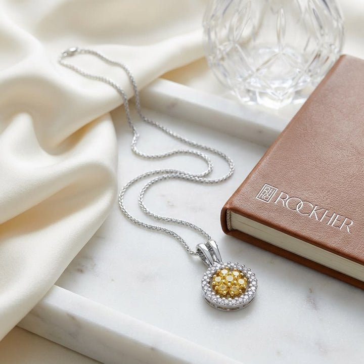 Yellow Sapphire Cluster Pendant With Natural Diamond Halo Border In 18K Yellow And White Gold (17-in Spiga Chain) | RockHer